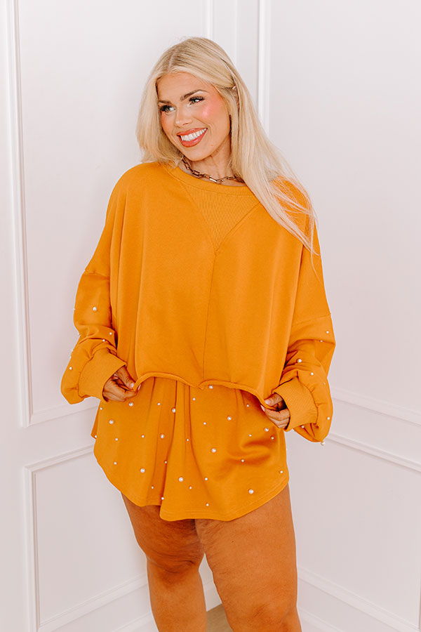 Premium Pearl-Embellished Cropped Sweatshirt - Rust Curves Edition