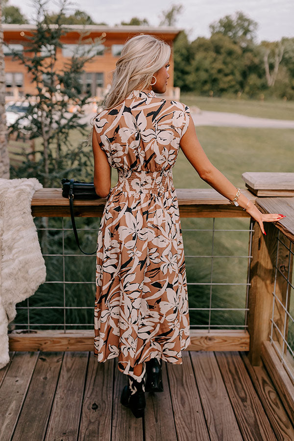 Premium Floral Midi Dress in Camel - Effortless Elegance