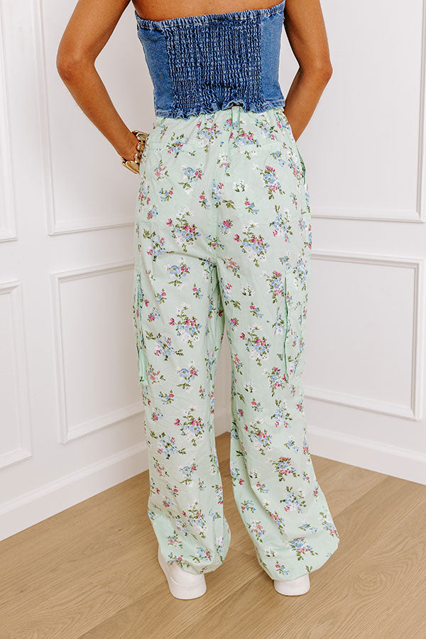 Premium Free Spirit High Waist Floral Cargo Pants in Mint - Ultimate Comfort & Style