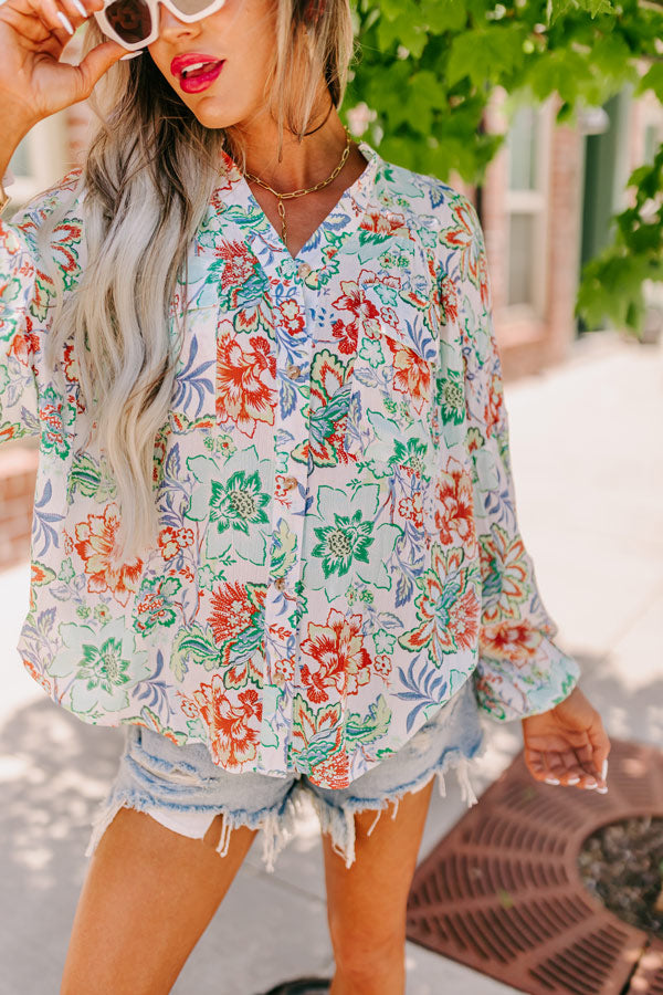 Premium Aqua Floral Button-Up Top - Ultimate Chic Style