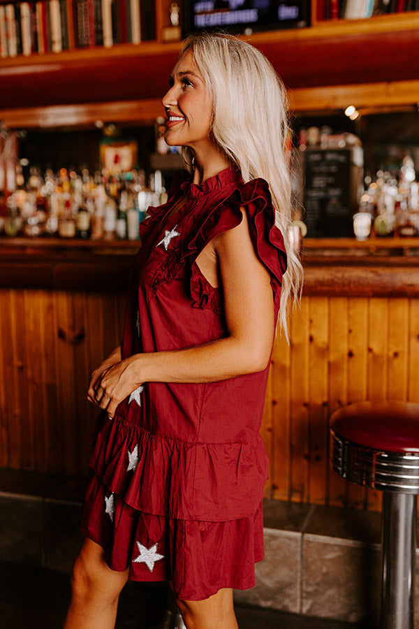 Premium Stadium Glam Ruffle Mini Dress in Maroon