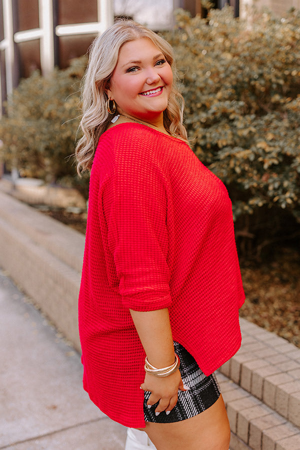 Premium Waffle Knit V-Neck Top - Game Day Essential in Red Curves