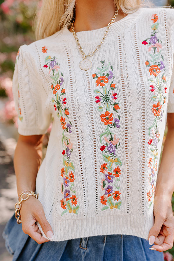 Premium Wildflower Fields Embroidered Knit Top in Ivory