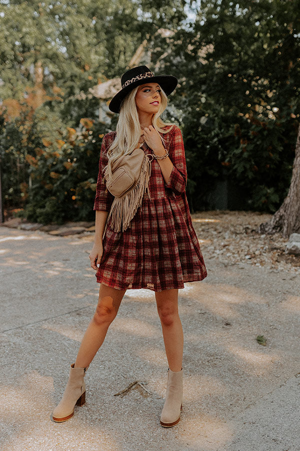 Premium Cherry Mood Plaid Tunic Dress - Wine Red Elegance