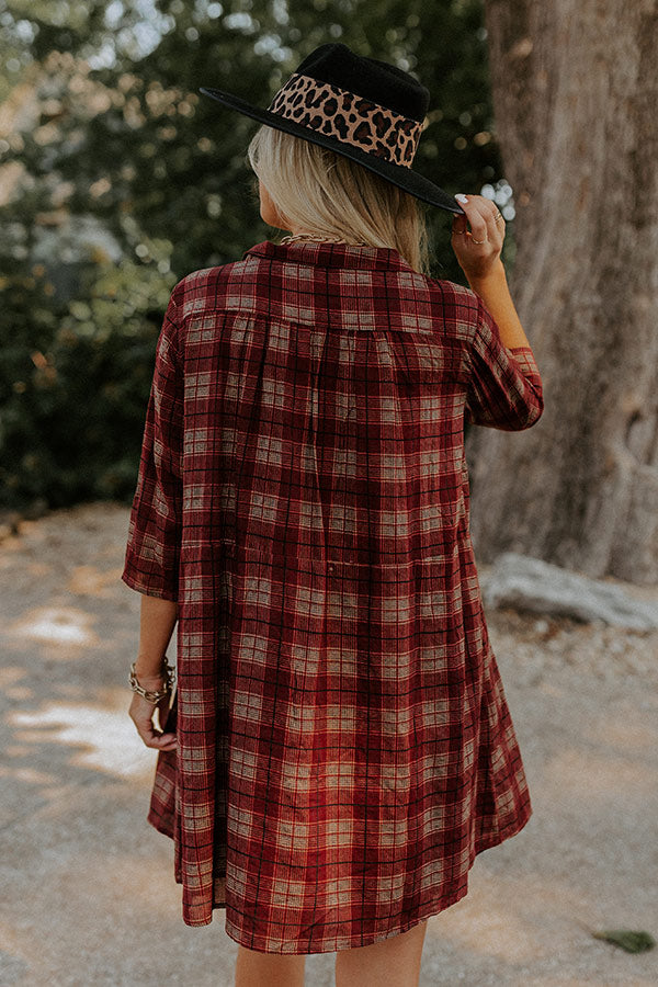 Premium Cherry Mood Plaid Tunic Dress - Wine Red Elegance