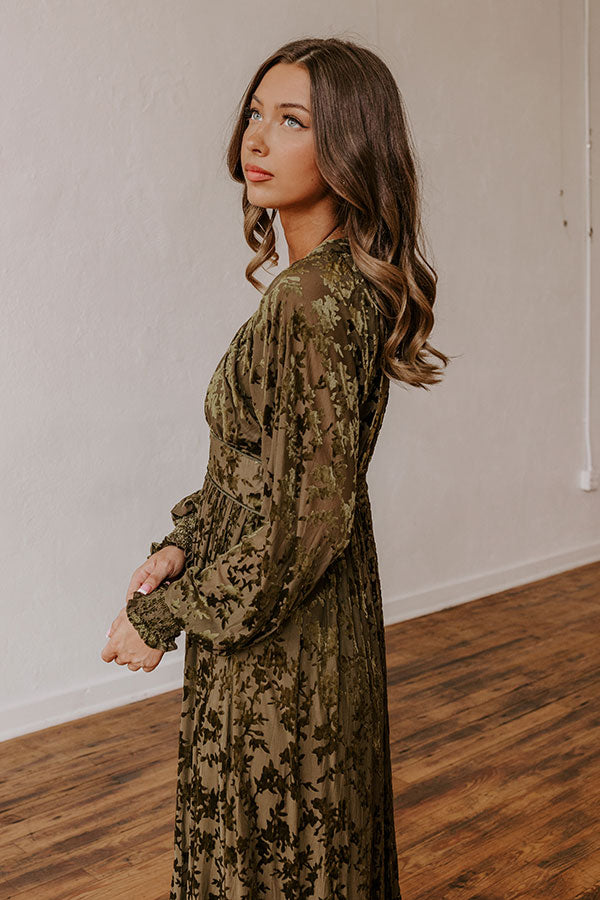 Premium Velvet Burnout Maxi Dress - Olive Botanical Romance