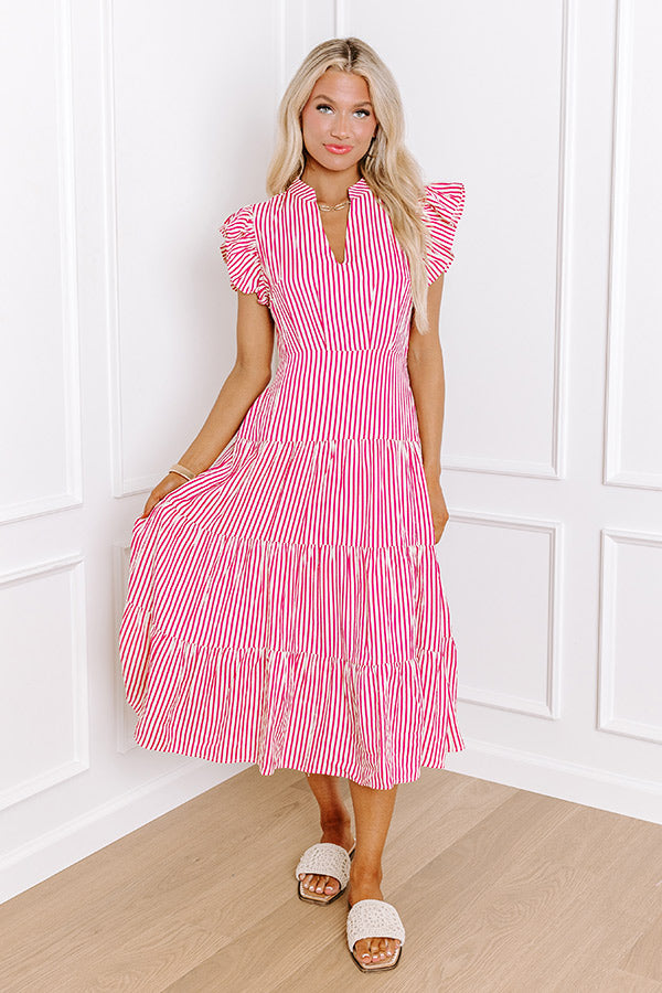 Ultimate Bayside Brunch Stripe Midi Dress in Hot Pink