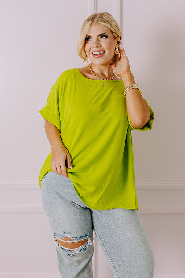 Premium Lime Curves Shift Top with Peonies & Champagne Accents