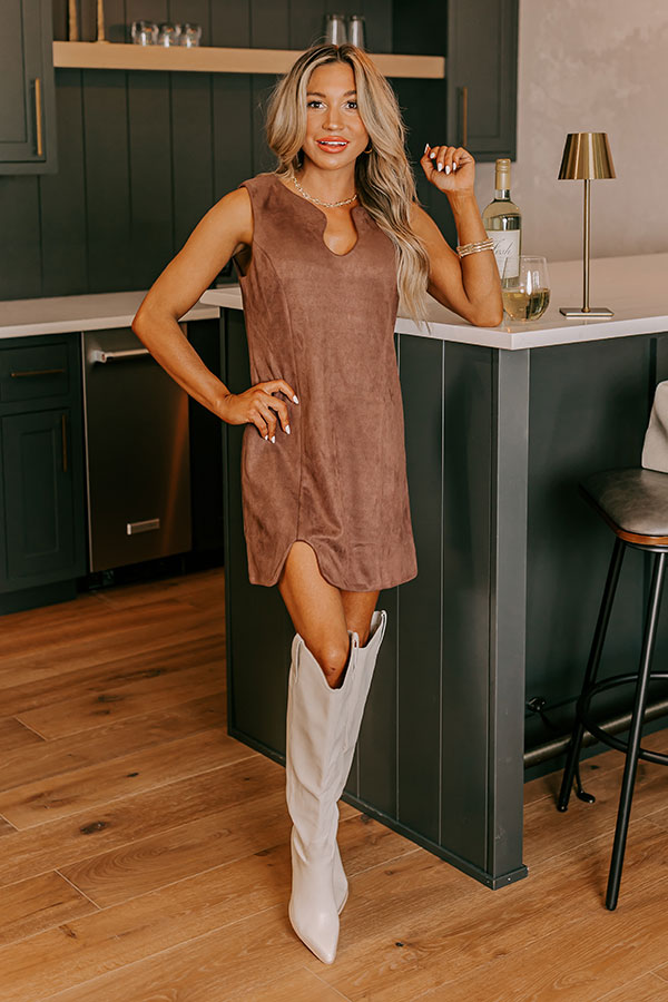 Premium Faux Suede Mini Dress - Ultimate Brown Chic