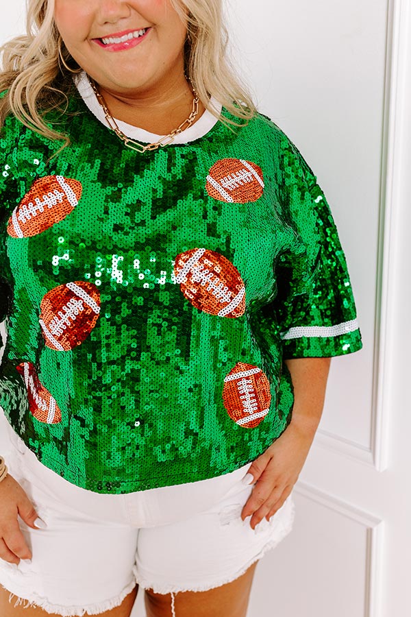 Ultimate Game Day Glow-Up: Green Curves Sequin Football Top