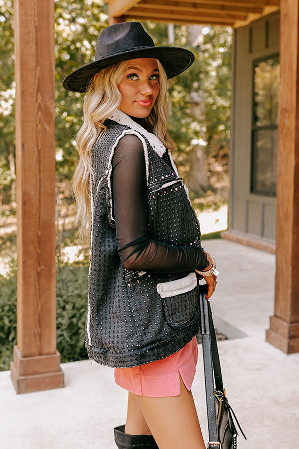Premium Black Pearl Embellished Denim Vest by Denver Dreams