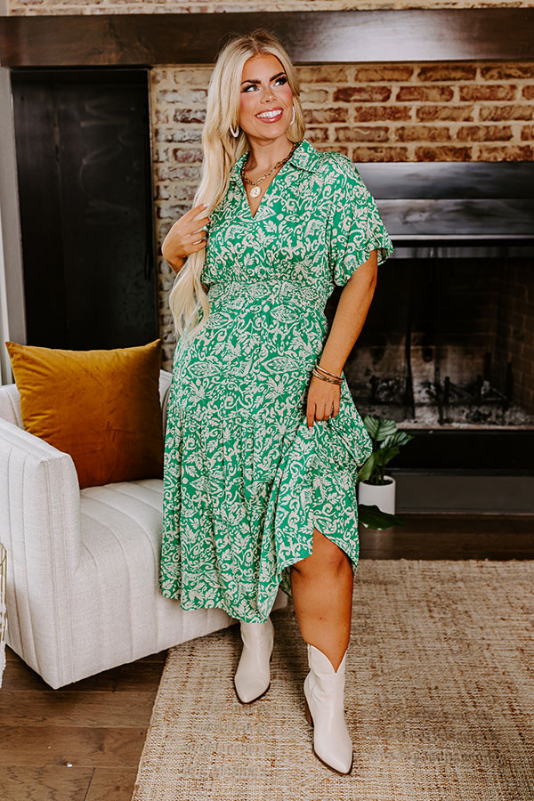 Premium Resort Getaway Floral Midi Dress in Green Curves