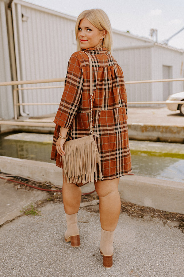 Premium Plaid Tunic Dress - Dark Camel Elegance for Curves