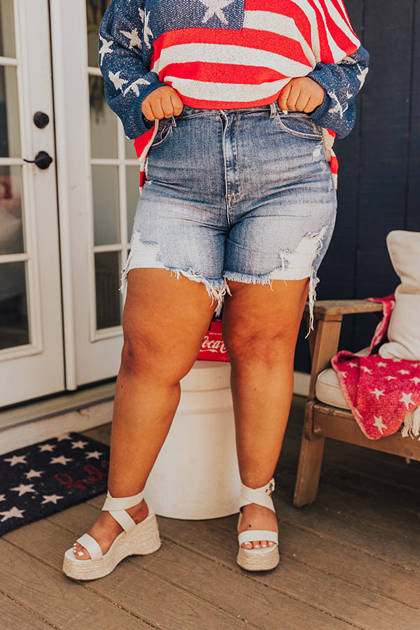 Premium High Waist Distressed Denim Shorts - Medium Wash Curves