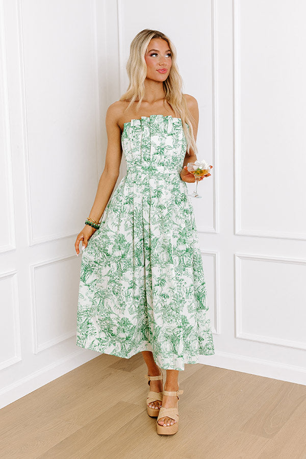 Premium Tropical Veranda Midi Dress in Green