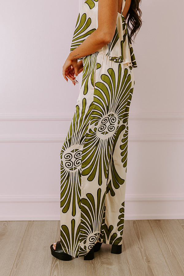 Premium Hawaiian Paradise Satin High Waist Pants - Olive