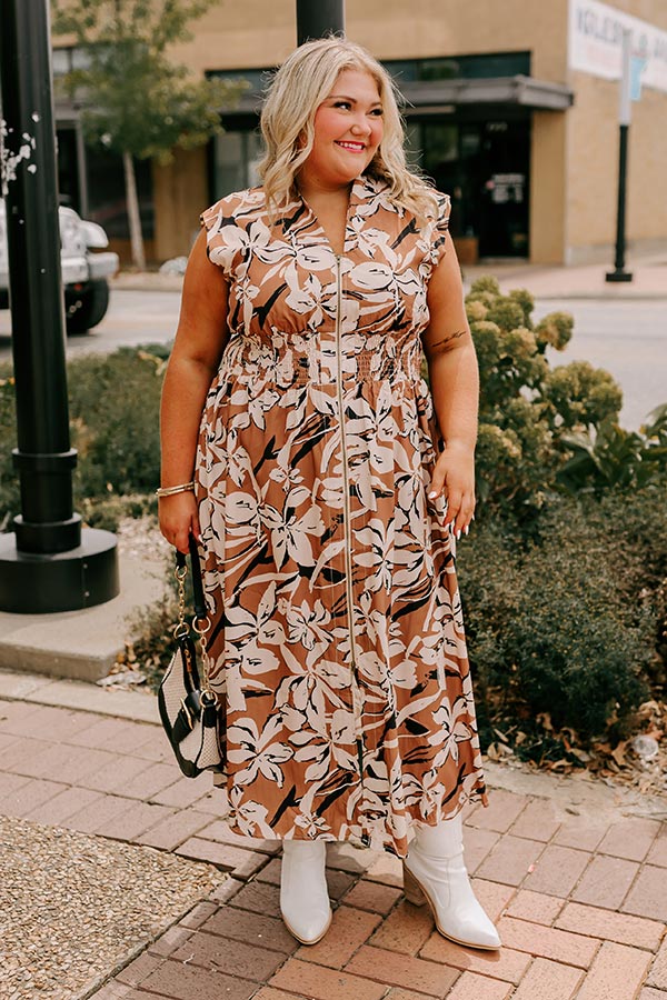 Premium Floral Midi Dress - Effortless Elegance in Camel