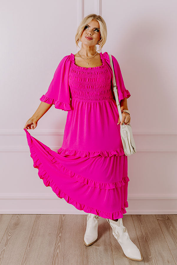 Ultimate Beach Elegance: Smocked Midi Dress in Hot Pink