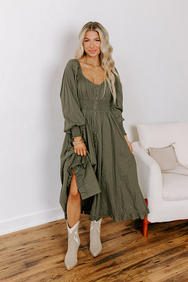 Premium Olive Sunset Views Button Down Midi Dress