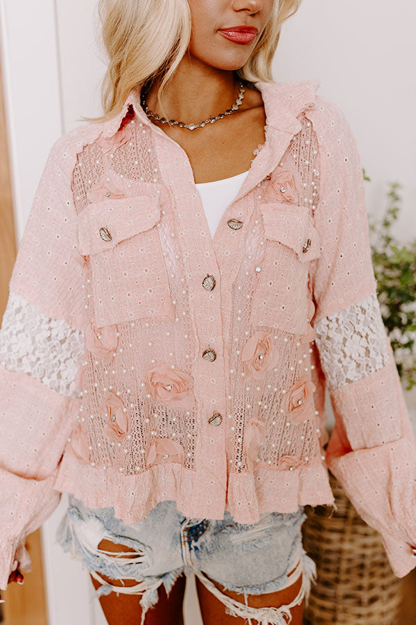 Premium Tea Garden Embellished Knit Button-Up in Pink