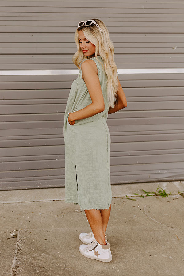 Premium Sage Frayed Midi Dress - Ultimate Vacation Style