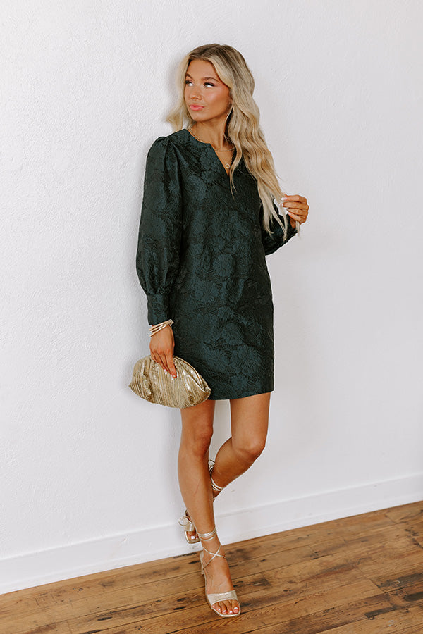 Premium Hunter Green Jacquard Mini Dress - Effortless Elegance