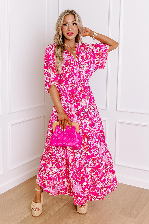 Premium Blossom Breeze Floral Maxi Dress - Hot Pink