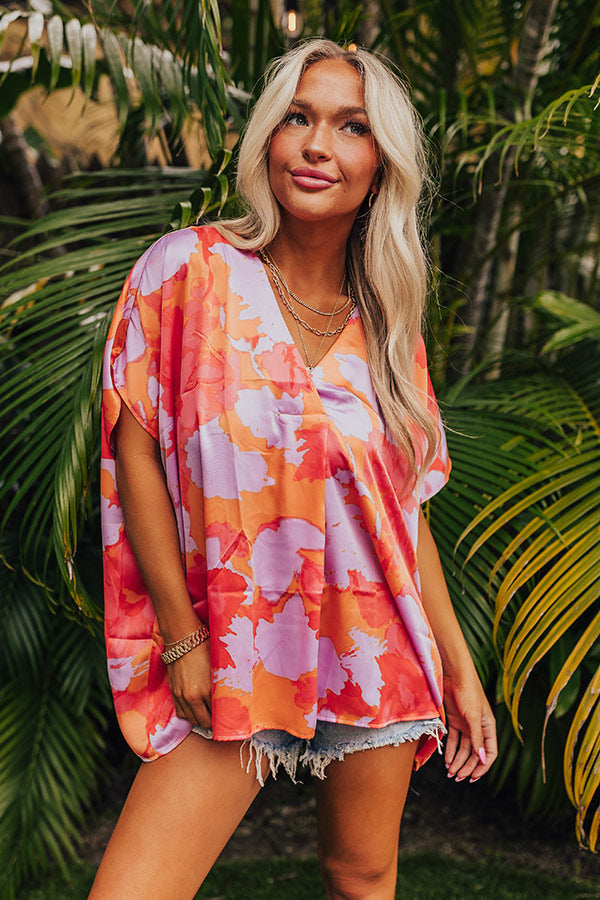 Premium Hibiscus Satin Shift Top - Coral Bliss