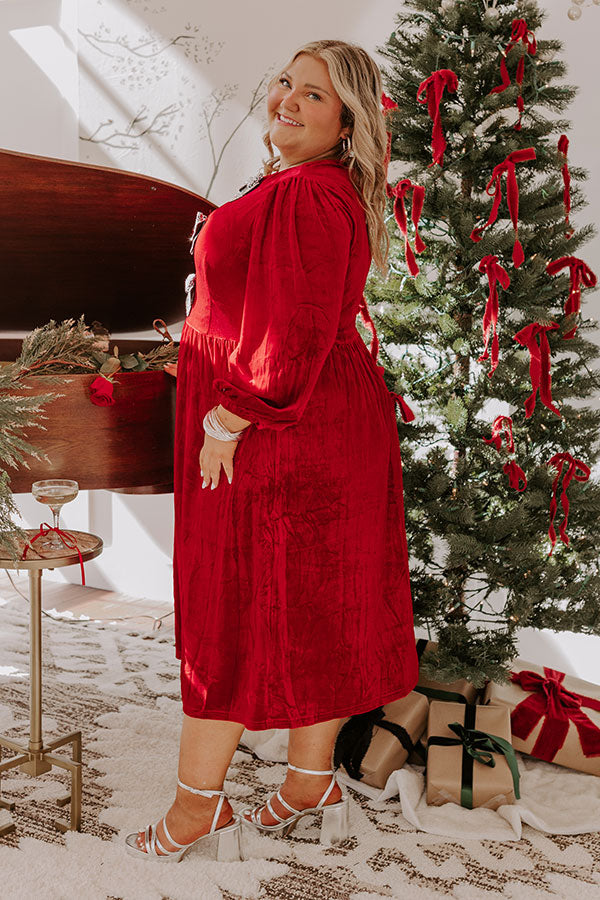 Premium Velvet Midi Dress with Rhinestone Bows - Crimson Curves