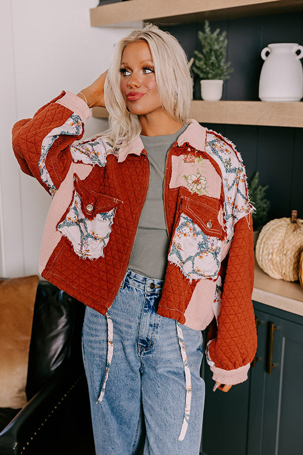 Premium Rust-Toned Quilted Jacket with Floral Accents