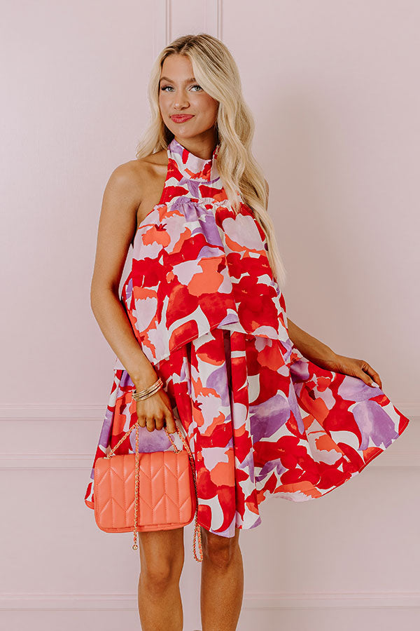 Premium Santorini Seashells Dress - Vibrant Red Floral Design