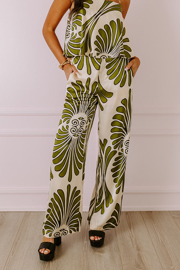 Premium Hawaiian Paradise Satin High Waist Pants - Olive