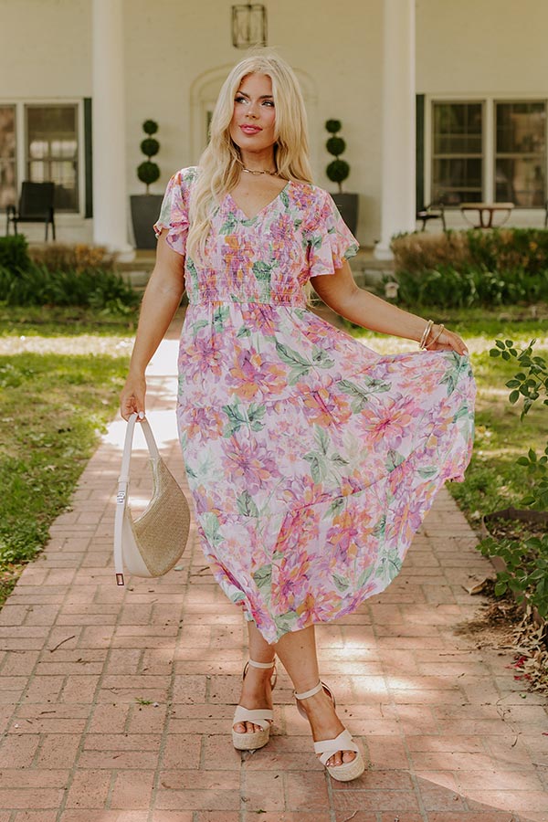 Premium Sunny Sangria Floral Midi Dress - Pink Curves