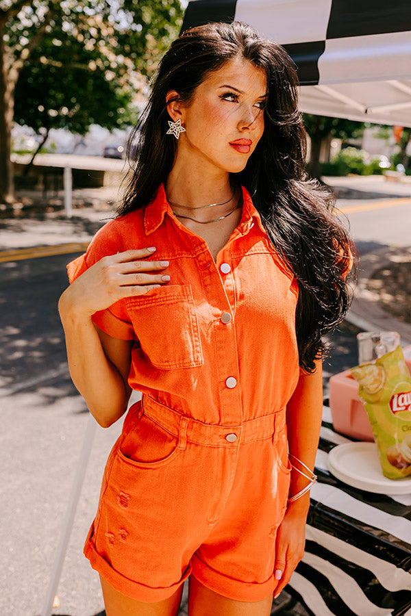 Ultimate Summer Sweet Duet Distressed Denim Romper in Orange