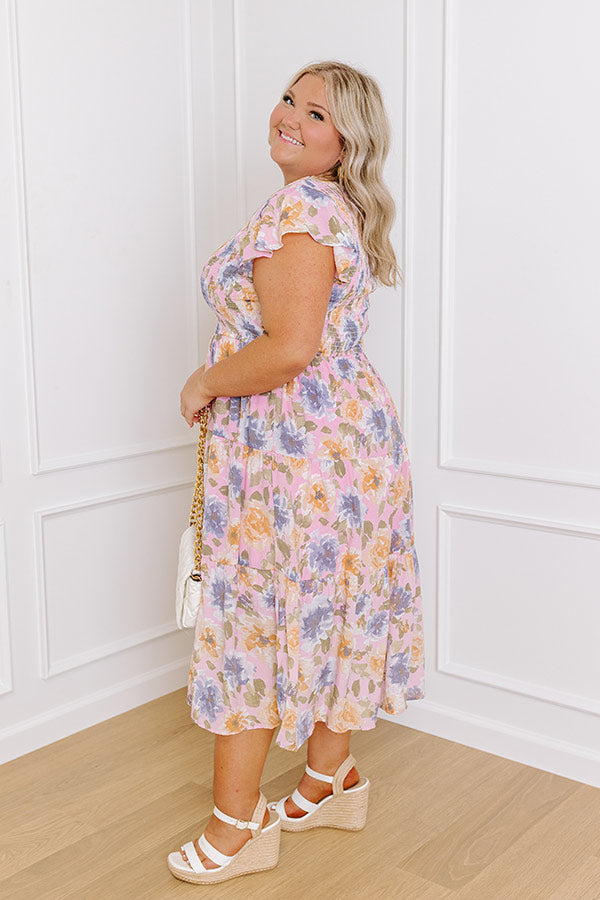 Premium Rooftop Garden Smocked Floral Midi Dress