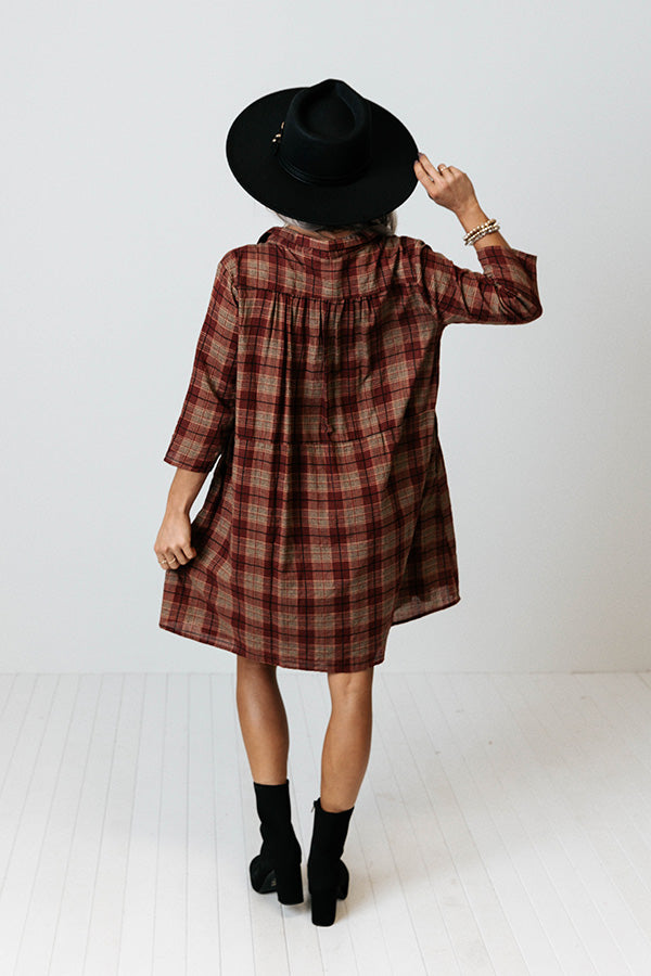Premium Cherry Mood Plaid Tunic Dress - Wine Red Elegance