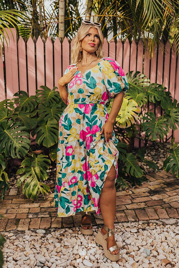 Premium Porch Swing Floral Midi Dress - Sunset Elegance