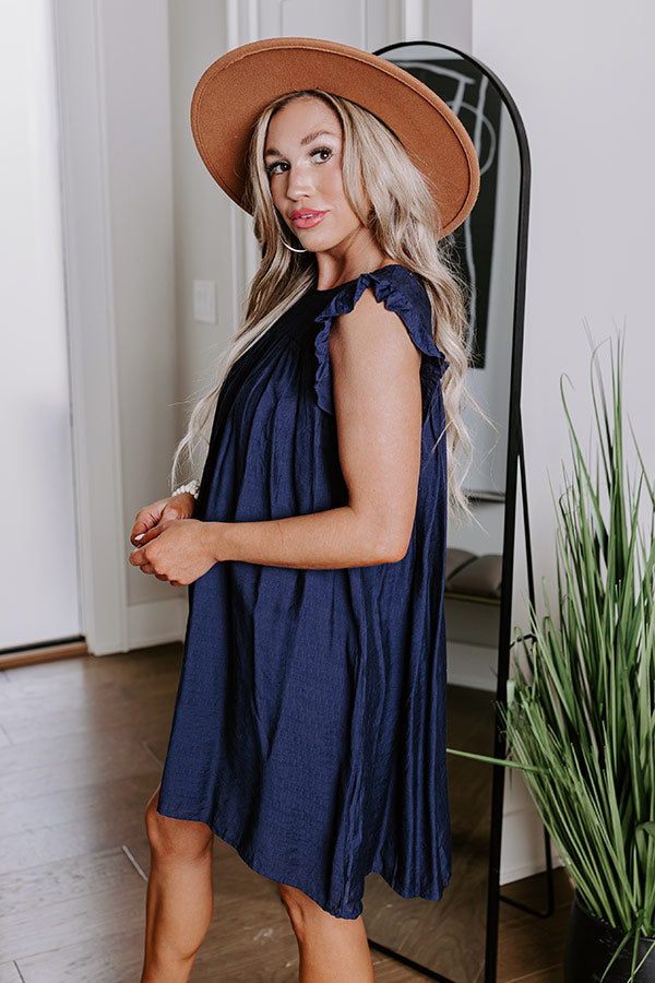 Premium Saltwater Sunrise Shift Dress - Navy Blue Elegance