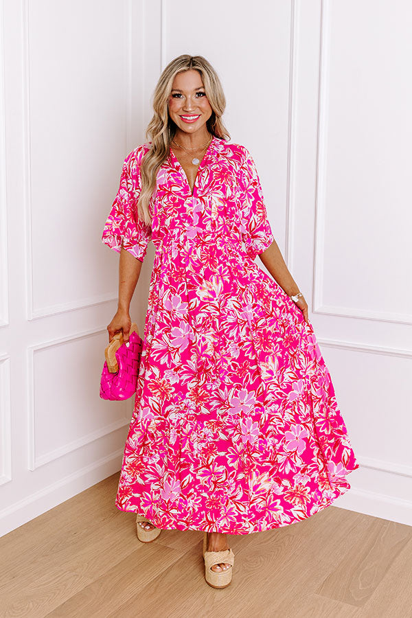 Premium Blossom Breeze Floral Maxi Dress - Hot Pink