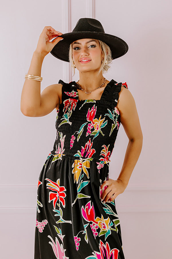 Ultimate Happy Blooms Smocked Midi Dress - Black