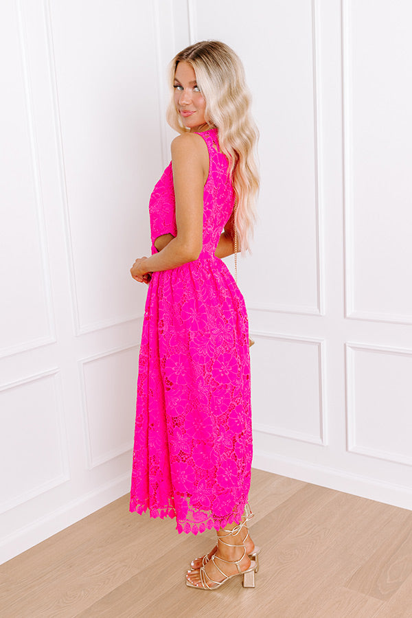 Ultimate Elegance Lace Cut Out Midi Dress - Hot Pink