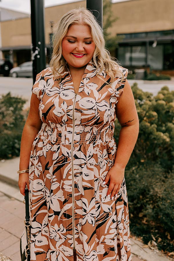 Premium Floral Midi Dress - Effortless Elegance in Camel