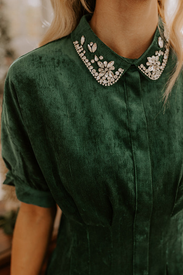 Premium Hunter Green Corduroy Mini Dress with Rhinestone Accents