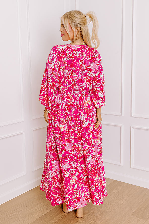 Premium Blossom Breeze Floral Maxi Dress - Hot Pink Curves