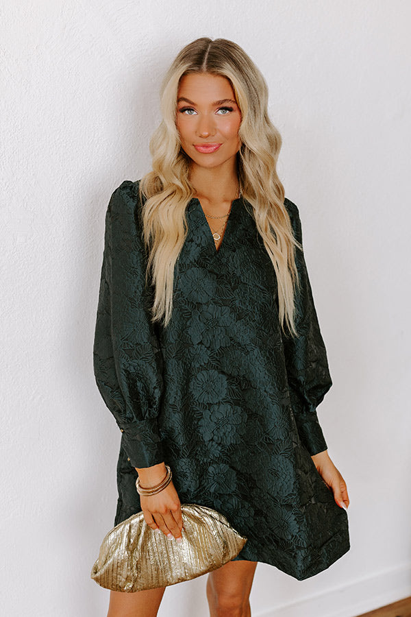 Premium Hunter Green Jacquard Mini Dress - Effortless Elegance