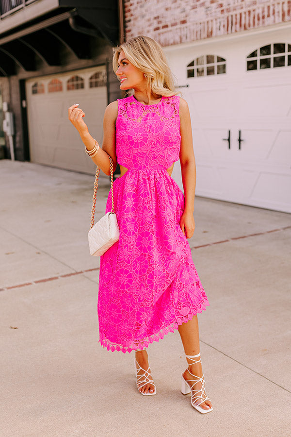 Ultimate Elegance Lace Cut Out Midi Dress - Hot Pink