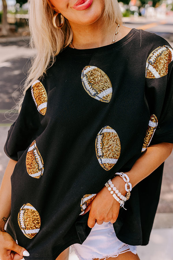 Premium Black Football Sequin Oversized Tee - Ultimate Game Day Style