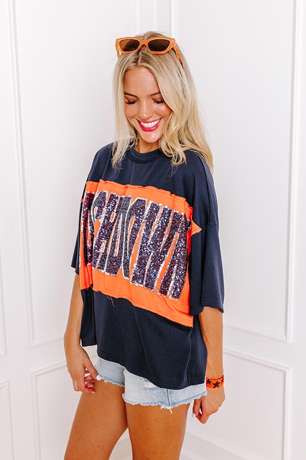 Ultimate Game Day Glow: Touchdown Sequin Oversized Tee in Navy/Orange