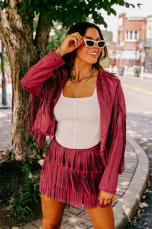 Premium Boho Fringe Skirt - Maroon Faux Suede