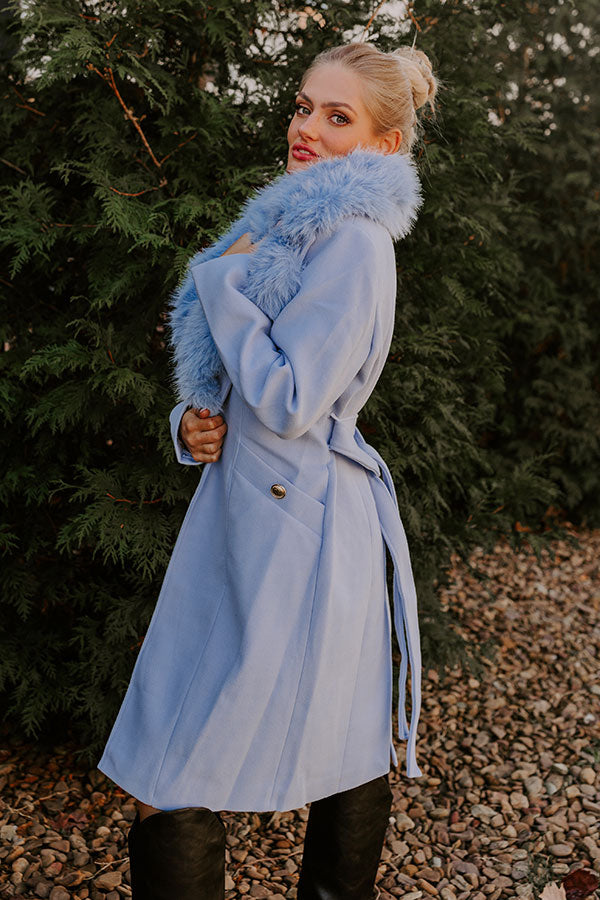 Premium Sky Blue London Bound Coat with Faux Fur Detailing